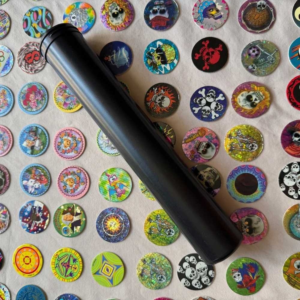 Vintage 90s Pogs Lot 170 Nostalgia 2 Slammers Storage Tube Skulls Holo YinYang